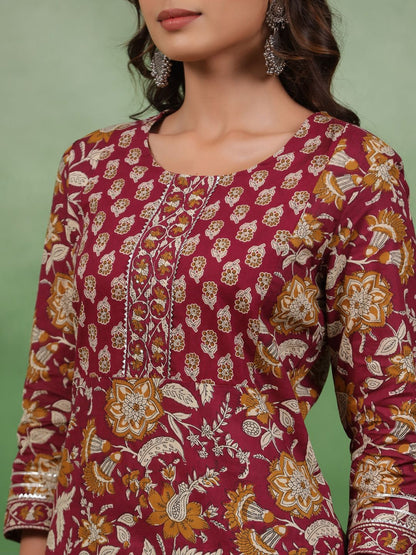 Dhiyona SN Women's Maroon Floral Printed Round Neck Pure Cotton Kurta With Trousers & Dupatta