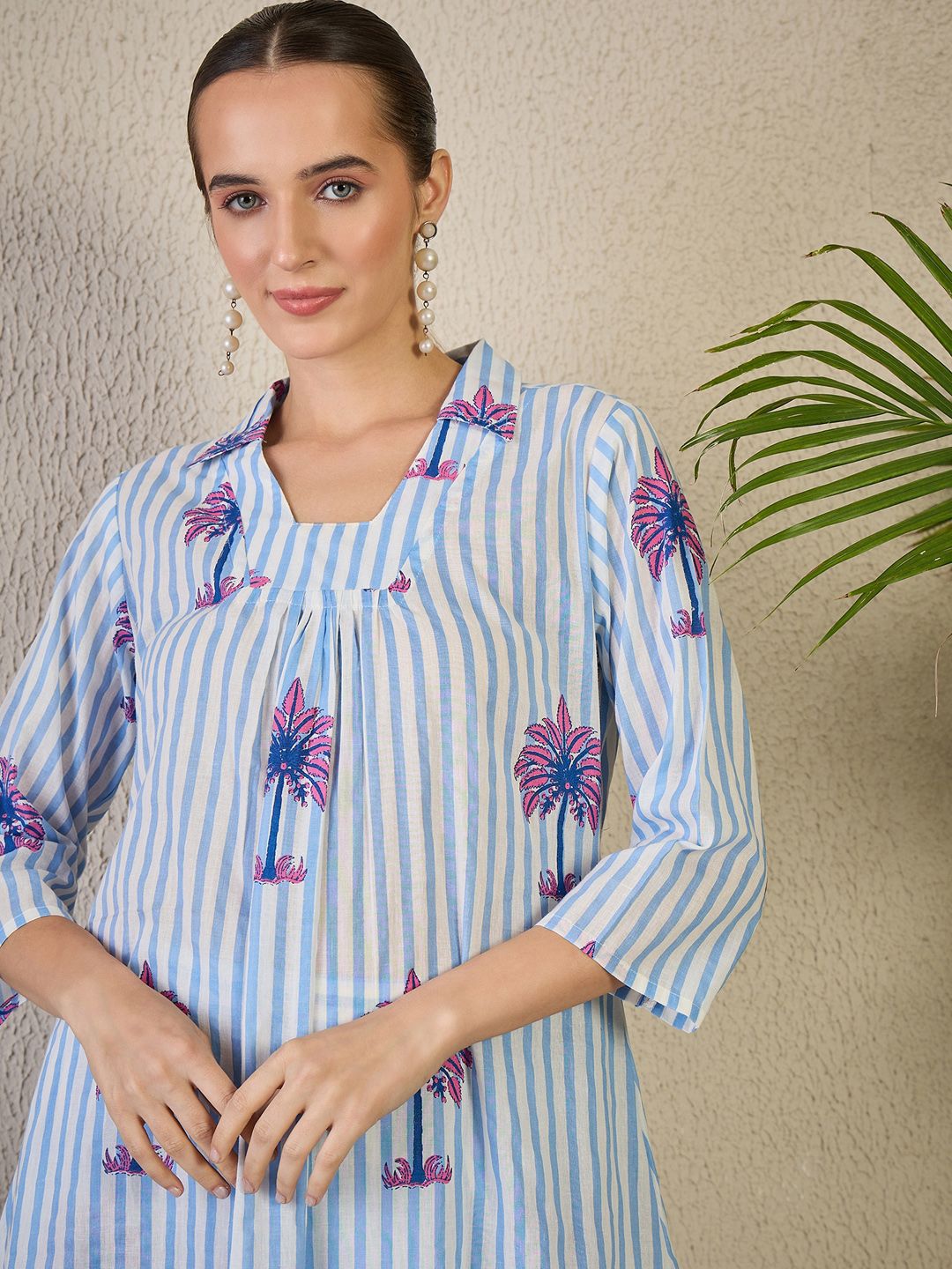 Dhiyona IE Striped Shirt Collar A-Line Pure Cotton Kurta & Trousers