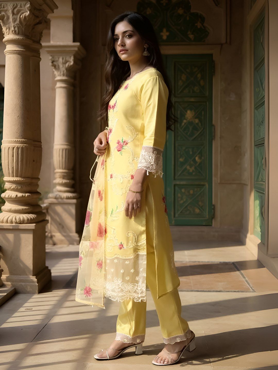 Dhiyona IE Women's Women Floral Printed Regular Thread Work Kurta with Trousers & Dupatta