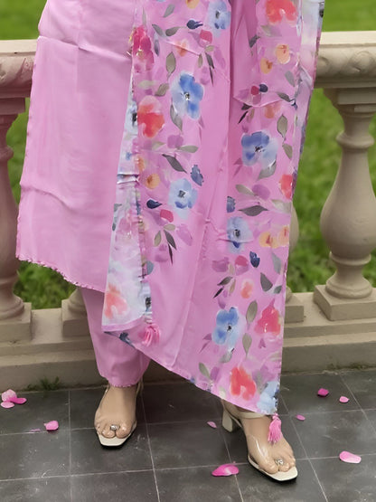 Dhiyona IE Women's Floral Printed Mandarin Collar Kurta With Trousers & Dupatta