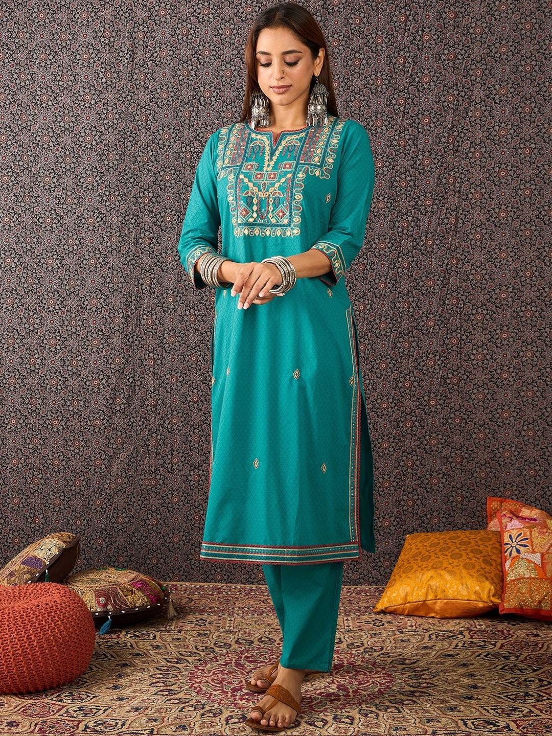 Dhiyona IE Ethnic Motifs Embroidered Thread Work Pure Cotton Kurta With Trousers & Dupatta