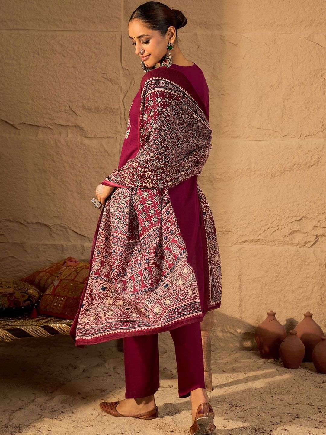 Yoke Design Printed Notch-Neck Cotton Straight Kurta With Trousers And Dupatta
