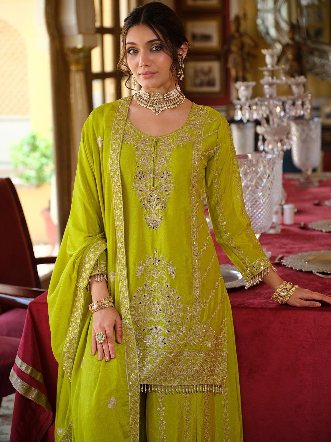 Women Ethnic Motifs Embroidered Regular Mirror Work Kurta with Palazzos & Dupatta
