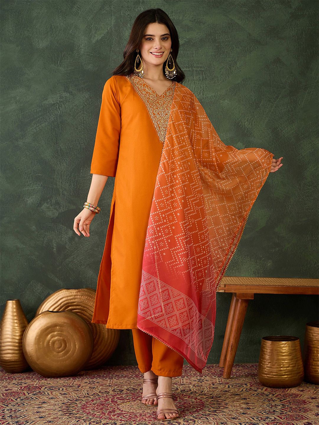 Dhiyona KL Ethnic Motifs Embroidered Round Neck Sequinned Kurta With Trousers & Dupatta