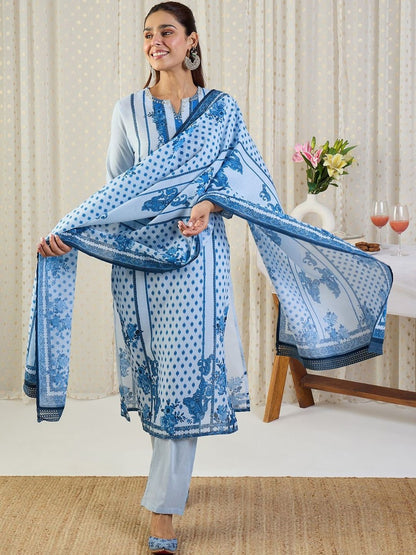Women Ethnic Motifs Printed Regular Beads and Stones Pure Cotton Kurta with Trousers & With Dupatta