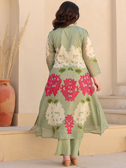 Dhiyona IE Floral Printed Pure Cotton Mandarin Collar Tunic With Trousers