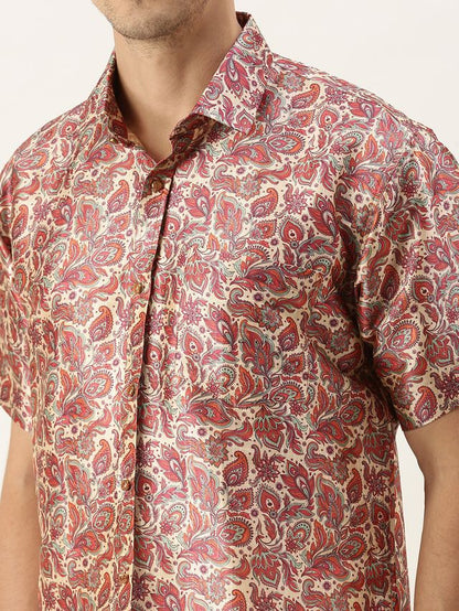 Men's MulticolorBasePink Silk Blend Straight Ethnic Shirt