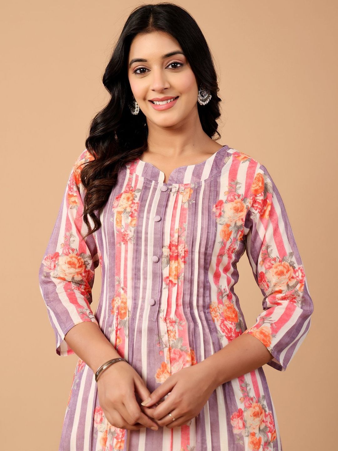 Floral Printed Pleated Pure Cotton A-Line Kurta with Trousers