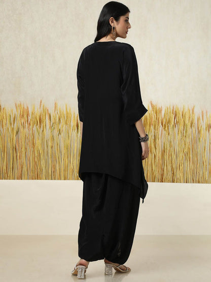 Dhiyona SO Women's Floral Embroidered Square Neck Layered A-Line Kurti With Dhoti Pants
