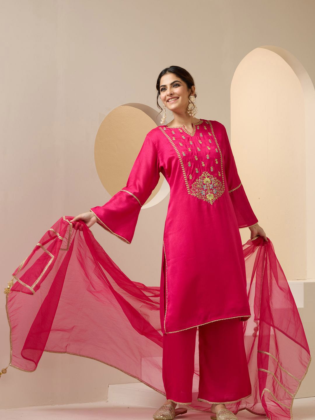 Dhiyona IS Women's Floral Embroidered Yoke Design Notch Neck Kurta With Palazzos And Dupatta