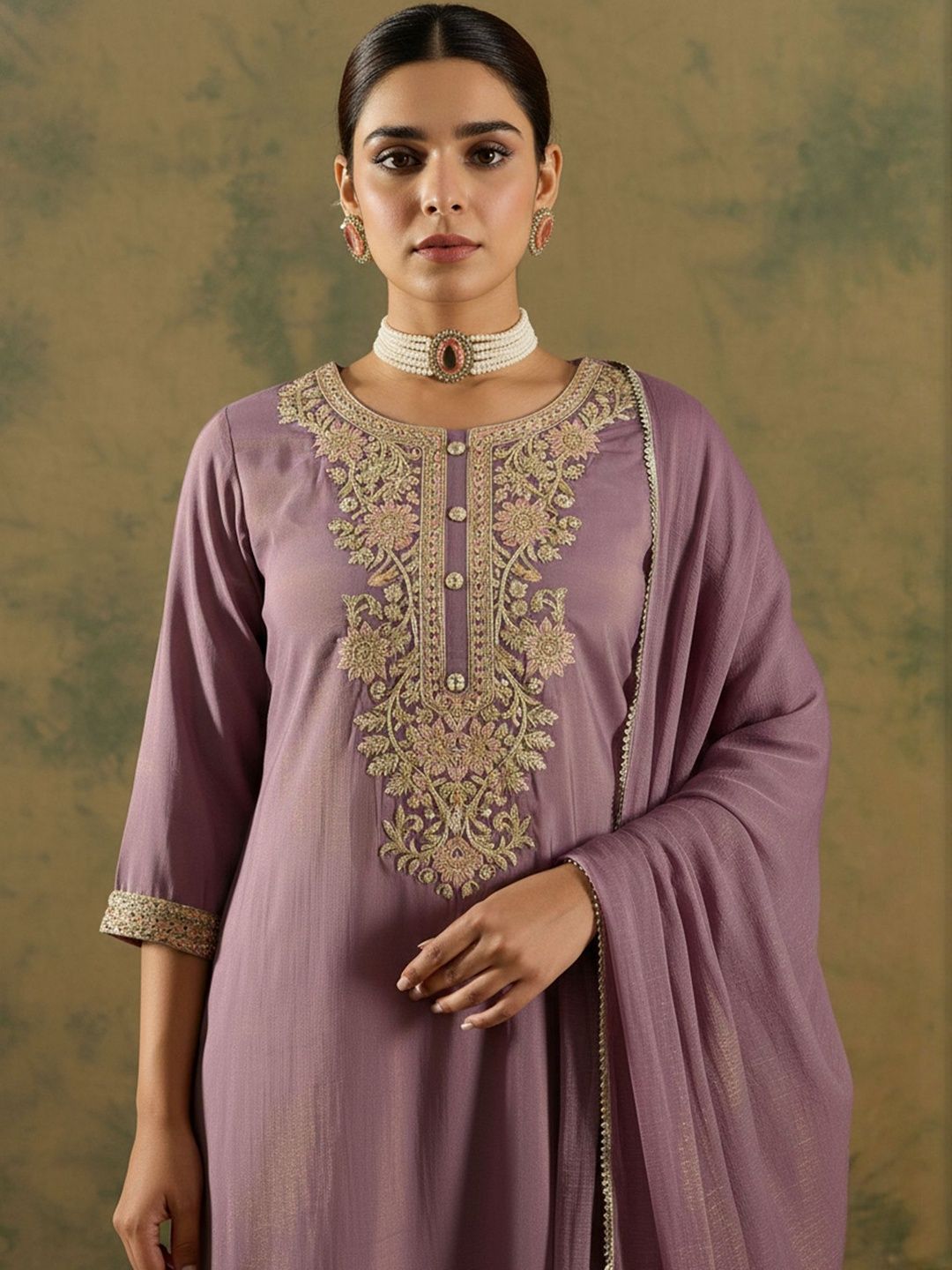 Floral Embroidered Thread Work Straight Kurta With Trouser & Dupatta