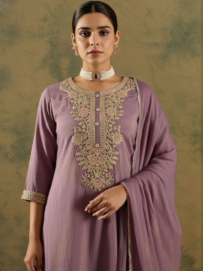 Floral Embroidered Thread Work Straight Kurta With Trouser & Dupatta