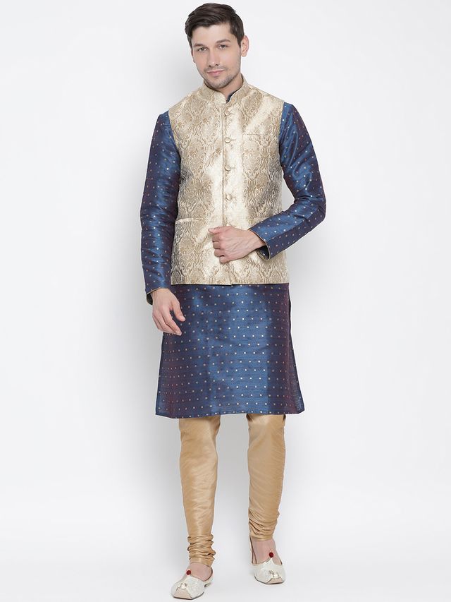 Men's Blue Silk Blend Straight Jacket  Kurta and Pyjama Set
