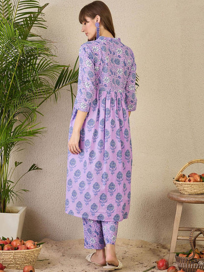 Dhiyona IE Printed V-Neck Pure Cotton Kurta & Trousers
