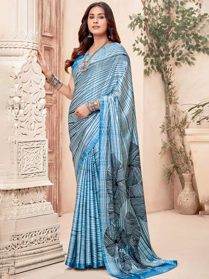 Women's Crepe Blue Digital Print Designer Saree With Blouse Piece