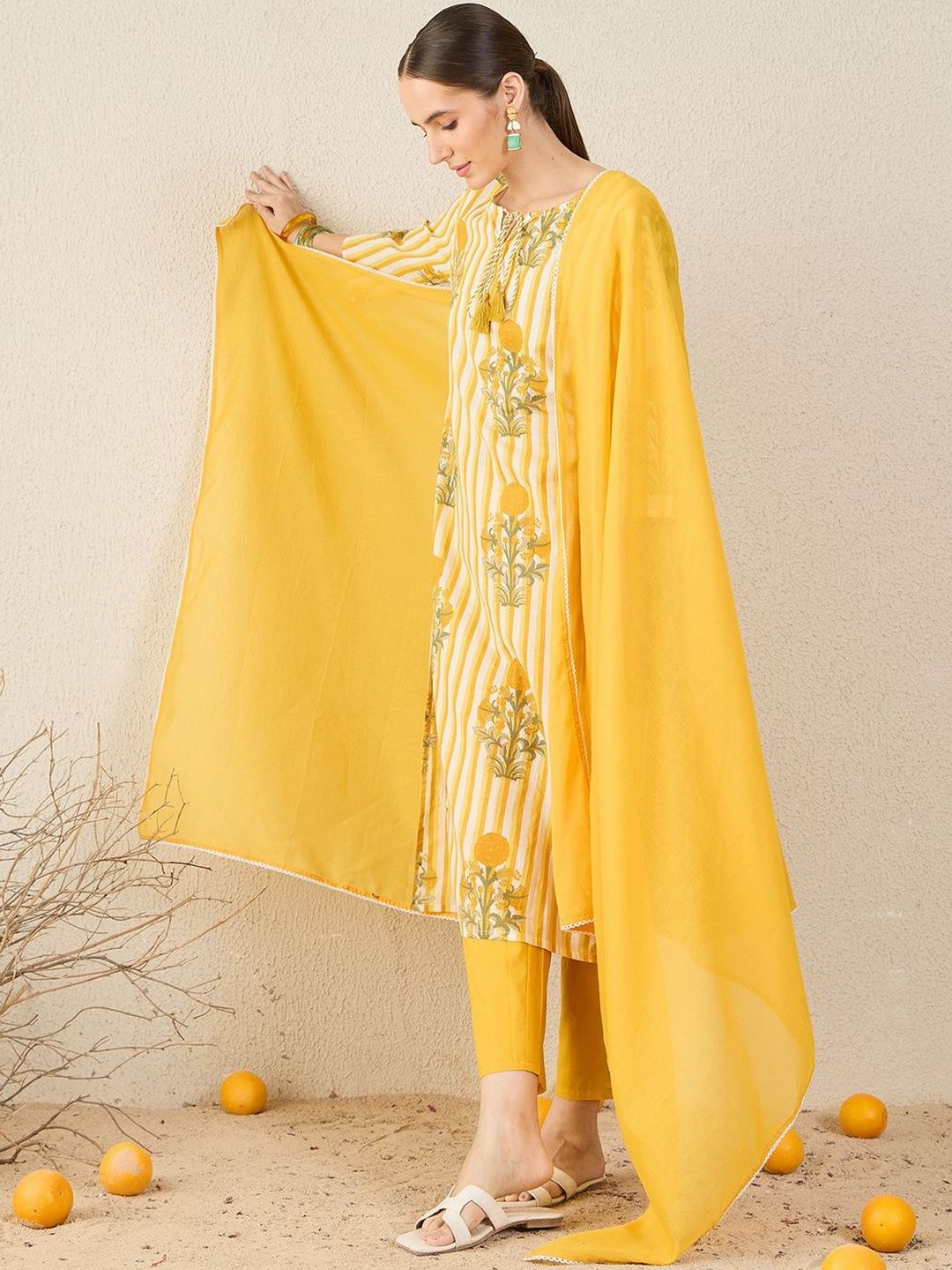 Women Floral Printed Cotton Kurta with Trousers & Dupatta