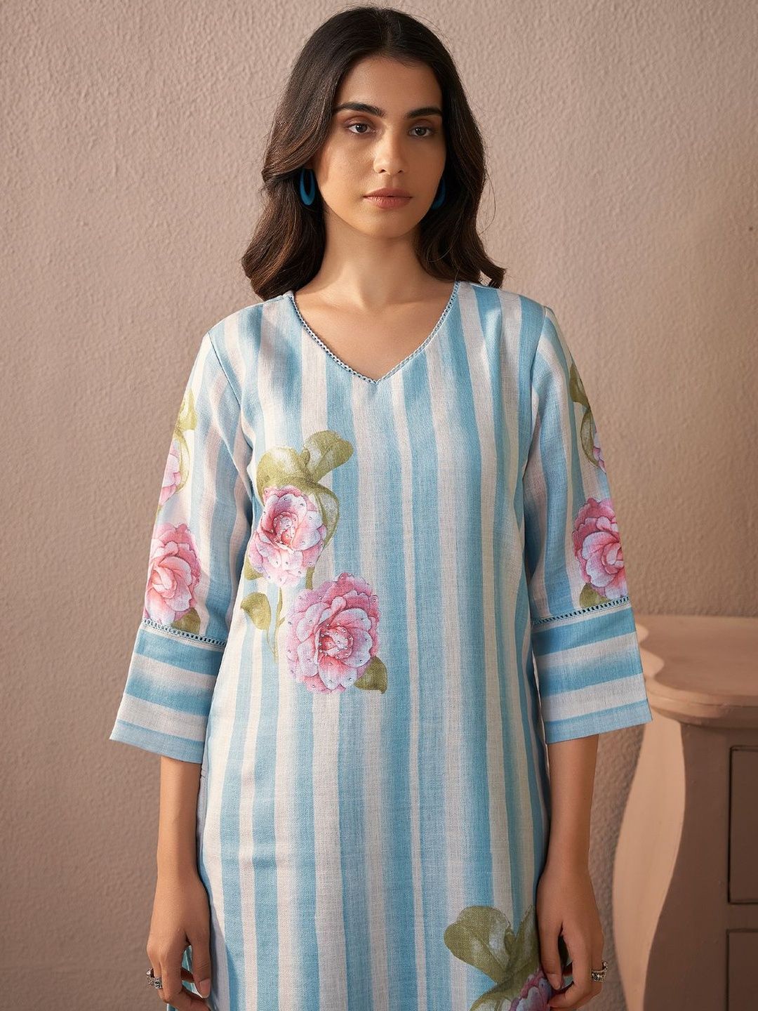 Women Printed Regular Linen Kurta with Trousers & With Dupatta