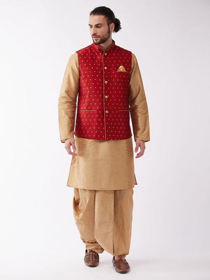 Men's Rose Gold Silk Blend Straight Jacket  Kurta and Dhoti Set