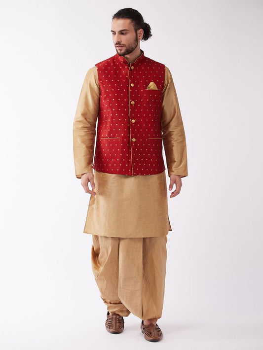 Men's Rose Gold Silk Blend Straight Jacket  Kurta and Dhoti Set