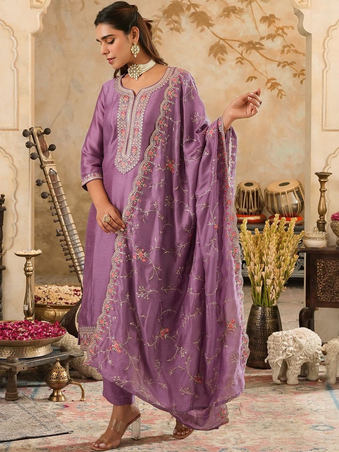 Dhiyona IE Women Ethnic Motifs Embroidered Regular Kurta with Trousers & With Dupatta