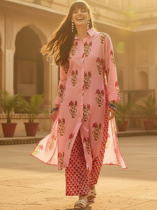 Floral Printed Shirt Collar Pure Cotton Straight Kurta With Trousers