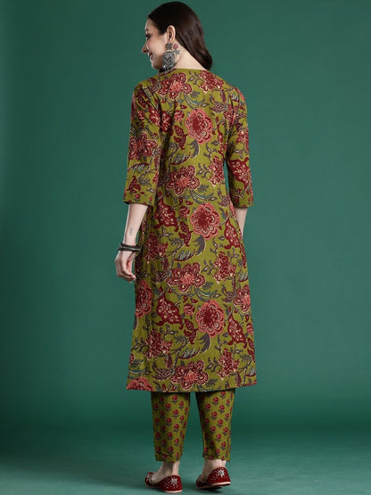 Women Floral Printed Empire Pure Cotton Kurta with Trousers
