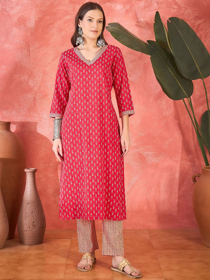 Dhiyona SN Women's SangriaFloral Printed V Neck Pure Cotton Kurta With Trousers & Dupatta