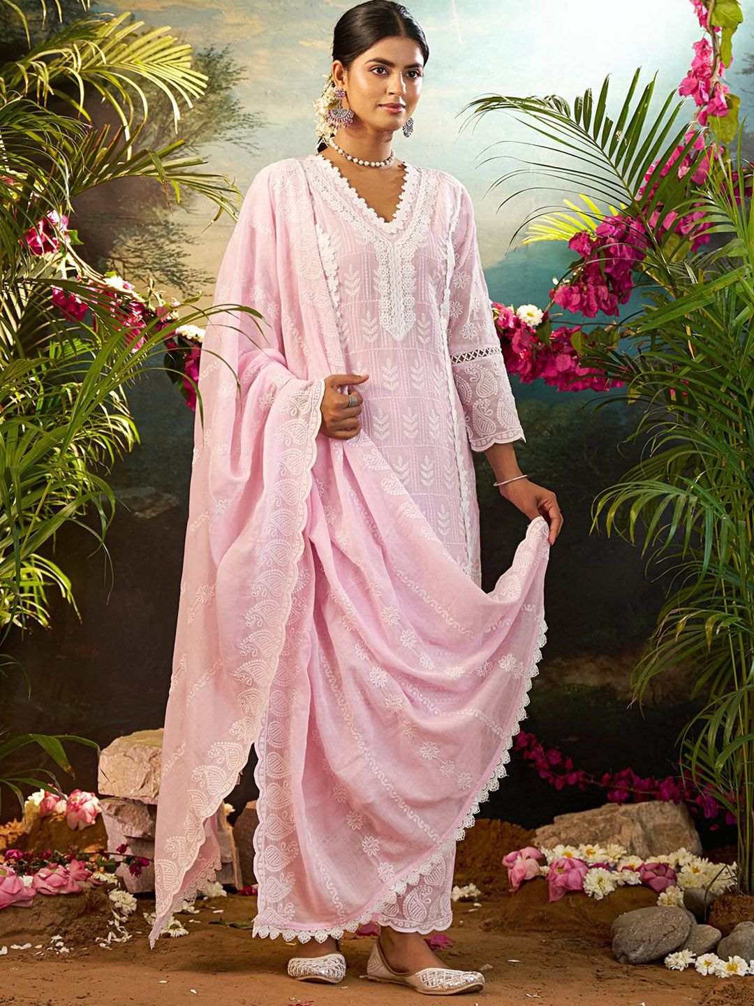 Women Ethnic Motifs Embroidered Cotton Kurta with Trousers & Dupatta