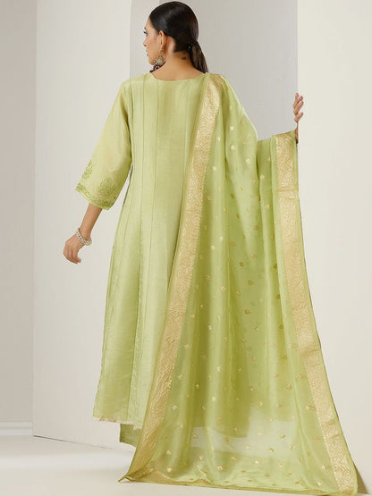 Dhiyona IS Women's Green Ethnic Motifs Embroidered Chanderi Silk Anarkali Kurta With Trousers & Dupatta