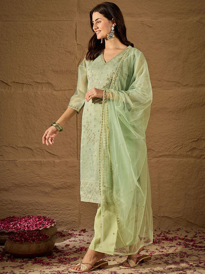 Dhiyona PD Women Floral Embroidered V-Neck Chanderi Cotton Kurta & Trousers With Dupatta