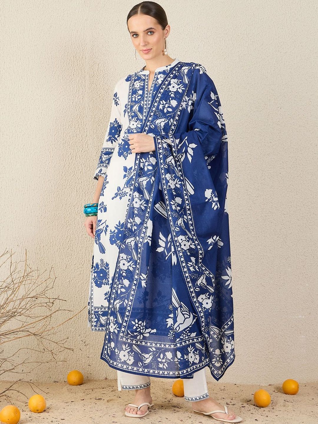 Women Floral Printed Cotton Kurta with Trousers & Dupatta