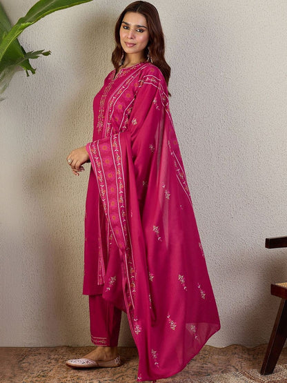 Embroidered Notch Neck Thread Work Pure Cotton Kurta With Trousers & Dupatta