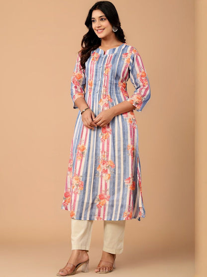 Striped Pure Cotton A Line Kurta With Trousers