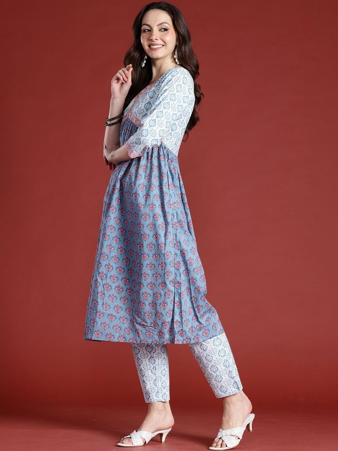 Women Ethnic Motifs Printed Empire Mirror Work Pure Cotton Kurta with Trousers & With Dupatta