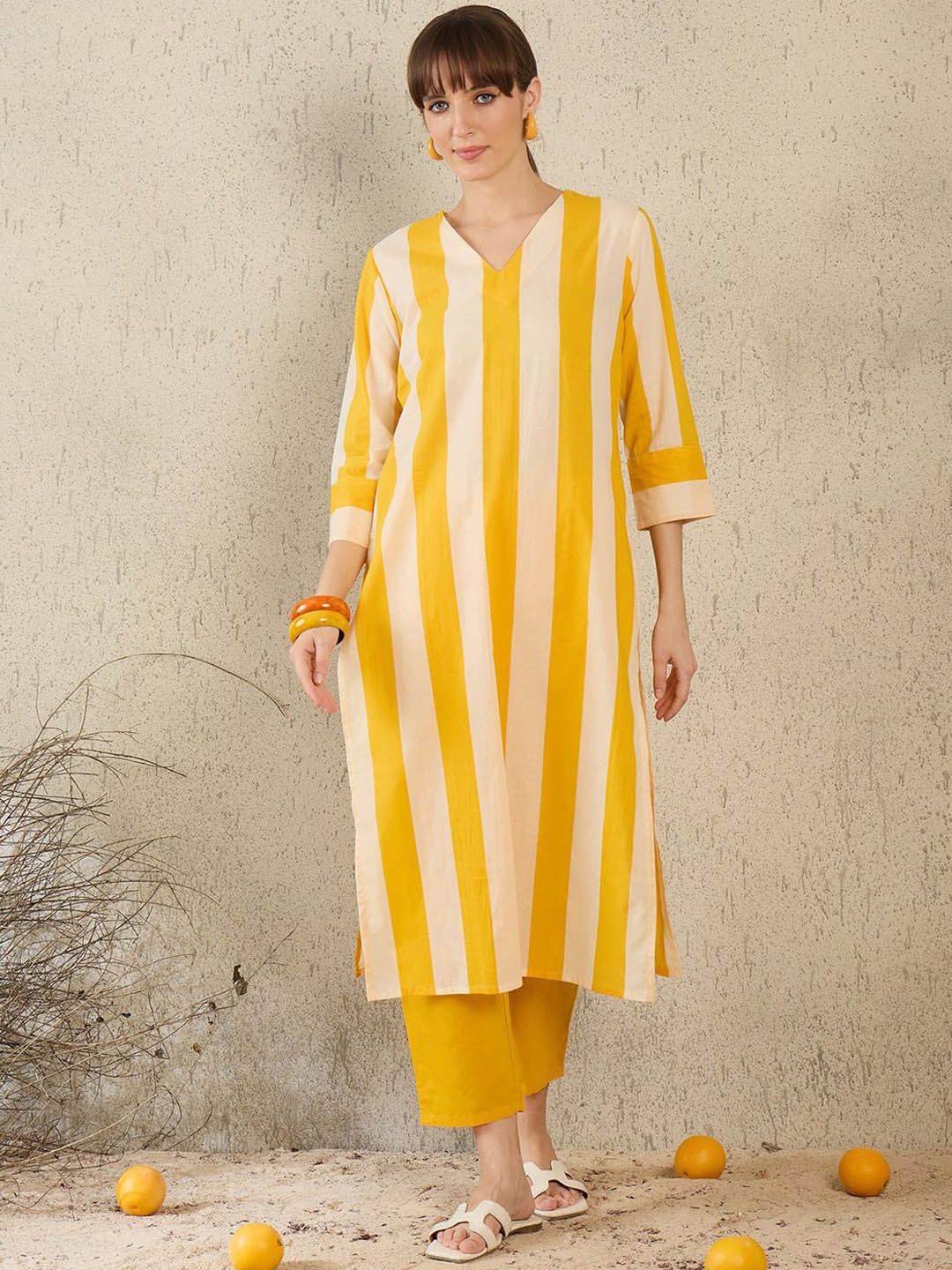 Women Striped Pure Cotton Straight Kurta with Trouser