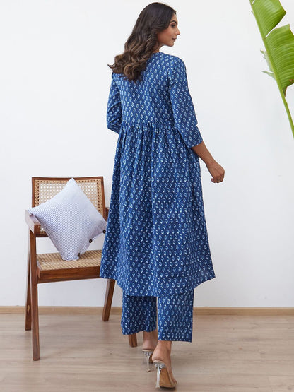 Dhiyona IE Printed V-Neck Pure Cotton A-Line Tunic With Palazzo