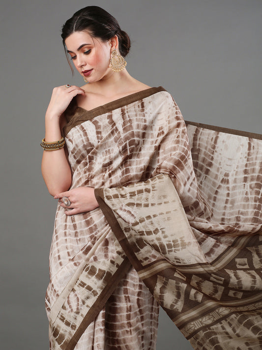 Women's Bhagalpuri Silk Beige Tie-Dye Designer Saree With Blouse Piece