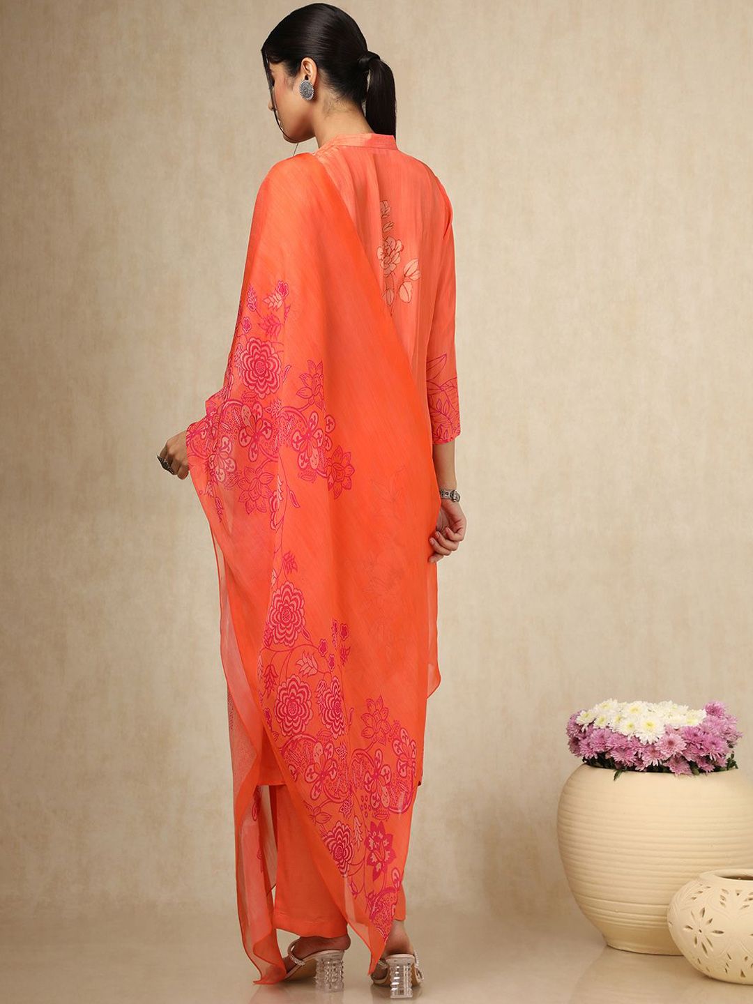Dhiyona SO Women's Floral Printed Mandarin Collar Beads Work Straight Kurta With Trouser & Dupatta