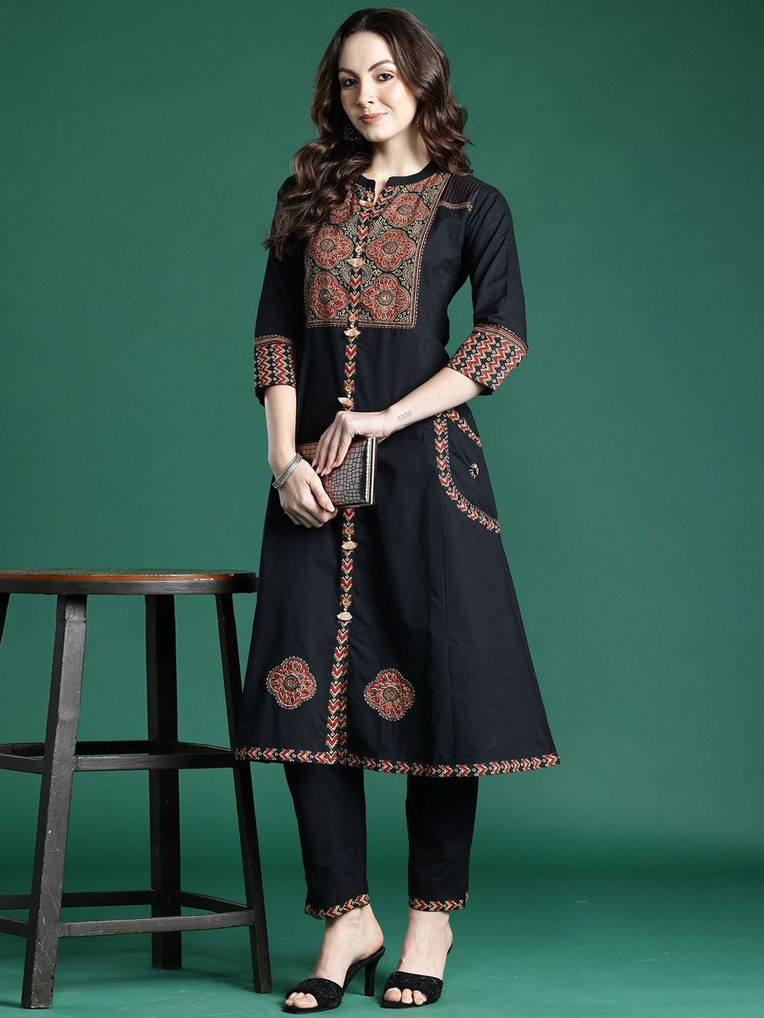 Dhiyona IE Printed Pure Cotton A-Line Tunic & Trousers Co-Ord Set