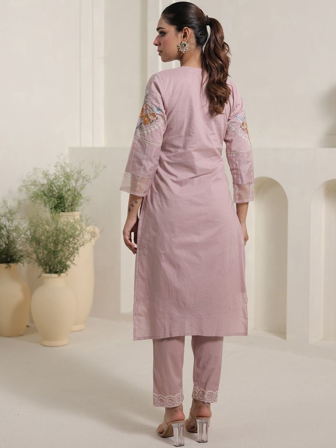 Women Floral Embroidered Sequinned Pure Cotton Kurta with Trousers & Dupatta