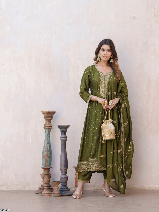 Dhiyona PD Women Bandhani Printed Panelled Anarkali Kurta With Trouser & Dupatta
