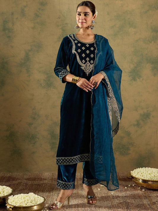Dhiyona IE Floral Zari Embroidered Velvet Straight Kurta with Trouser & Dupatta