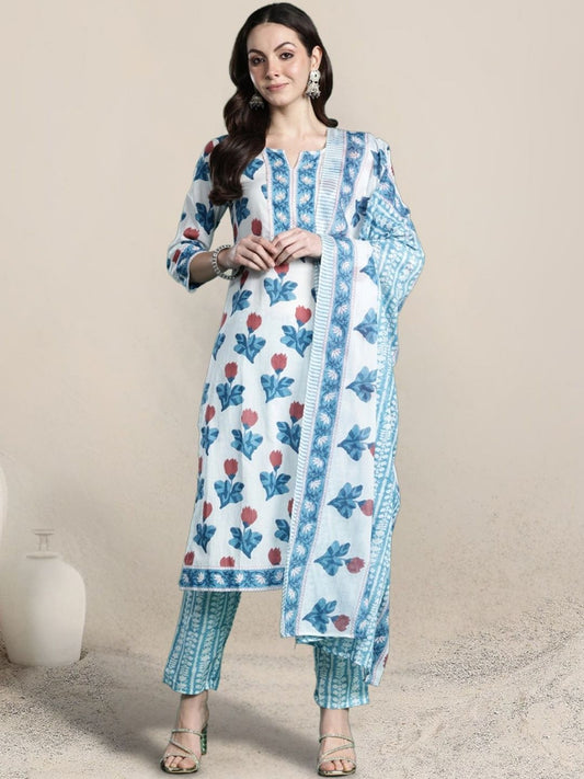 Women Floral Printed Regular Pure Cotton Kurta with Trousers & With Dupatta
