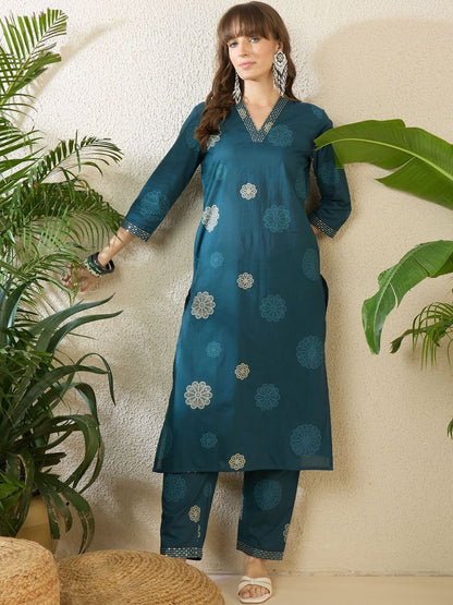 Dhiyona IE Printed V-Neck Three-Quarter Sleeves Pure Cotton Top With Trousers