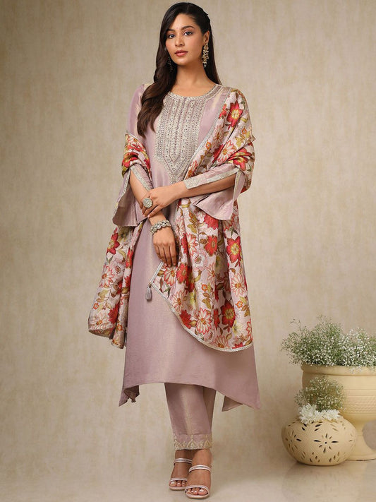 Dhiyona SO Women's Women Floral Yoke Design Angrakha Sequinned Kurta with Trousers & With Dupatta