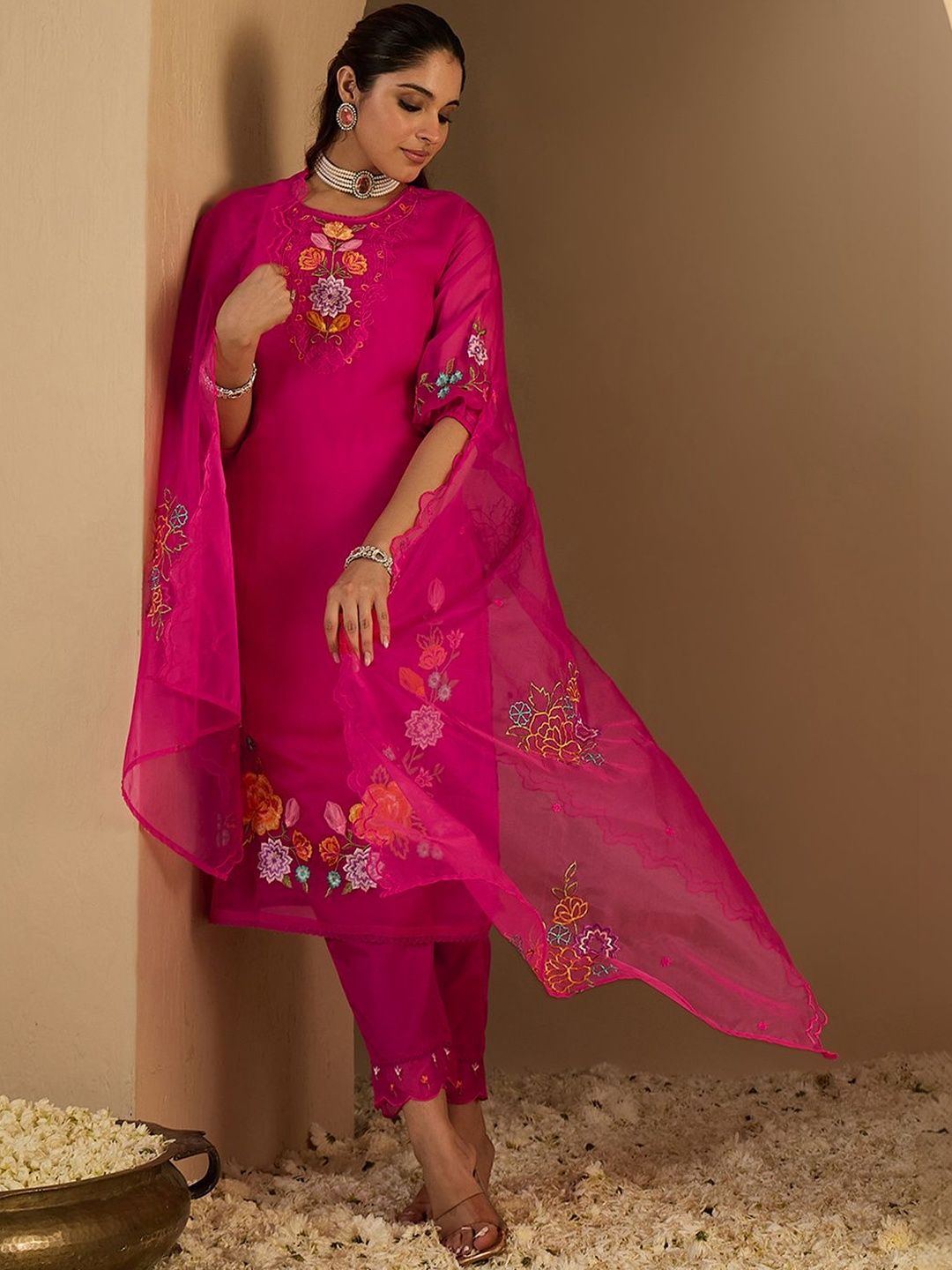 Dhiyona IE Women Floral Embroidered Regular Thread Work Kurta with Trousers & With Dupatta