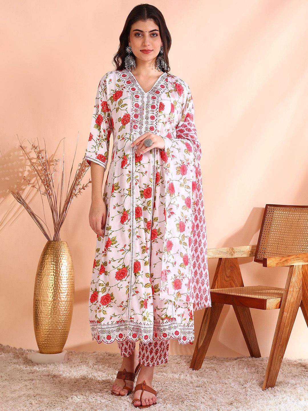 Dhiyona OD  Thread Work Pure Cotton Anarkali Kurta with Trousers & Dupatta