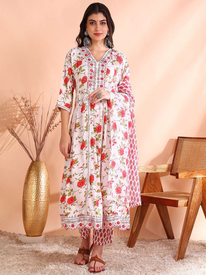 Dhiyona OD  Thread Work Pure Cotton Anarkali Kurta with Trousers & Dupatta