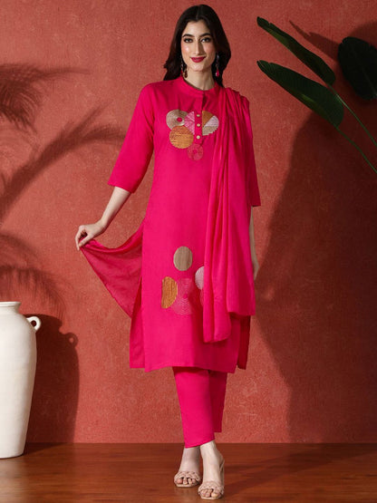 Dhiyona SN Women's Embroidered Pure Cotton A-Line Kurta & Trouser With Dupatta