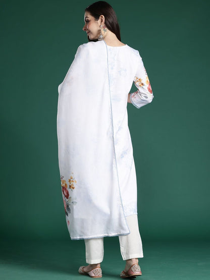 Women Floral Printed Regular Linen Kurta with Trousers & With Dupatta